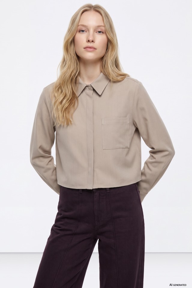 Beige Cropped Long Sleeve Shirt