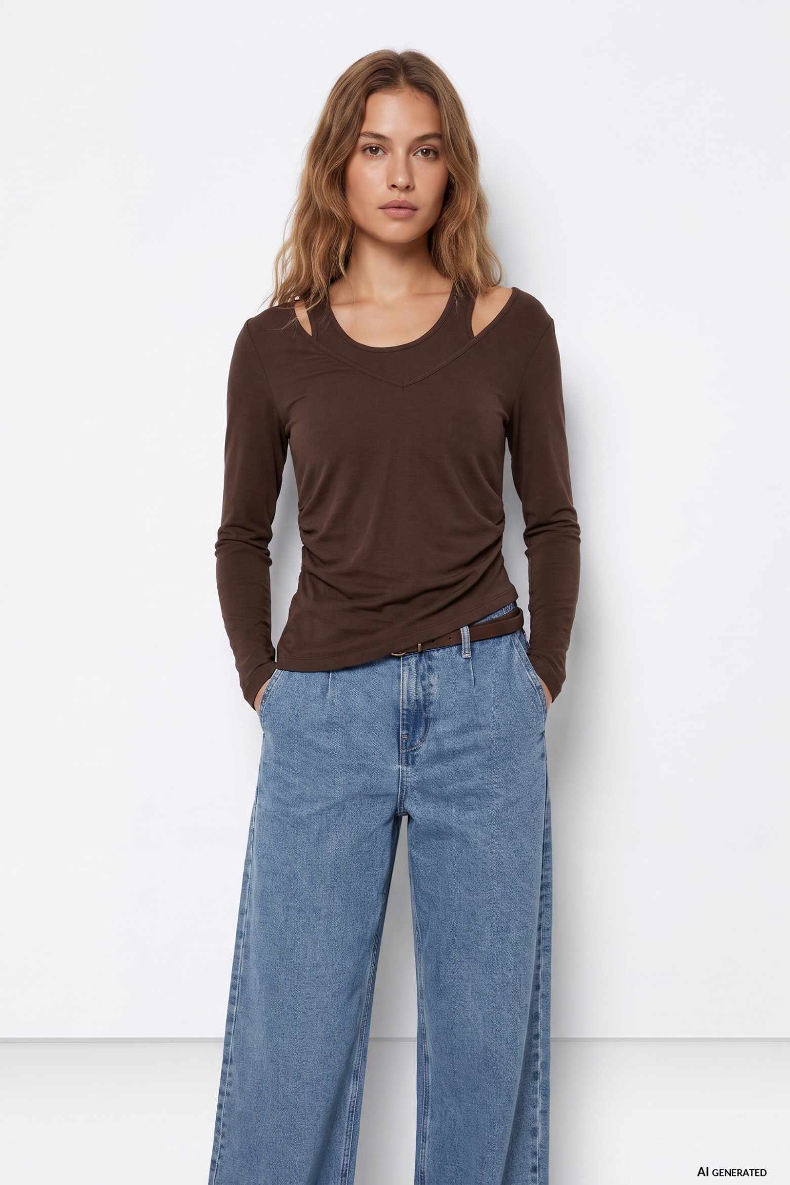 Brown Cut-Out Long Sleeve Tee