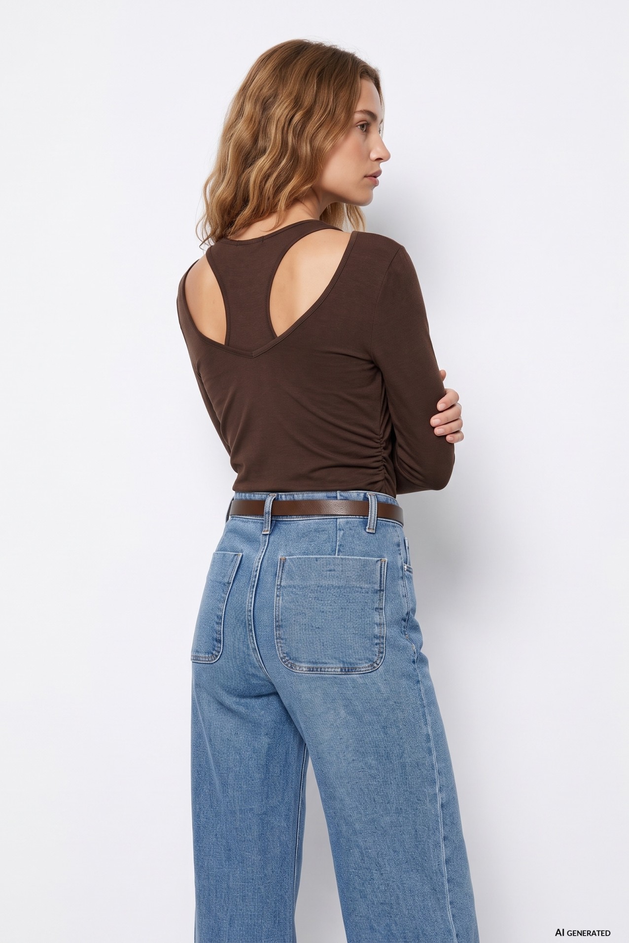 Brown Cut-Out Long Sleeve Tee
