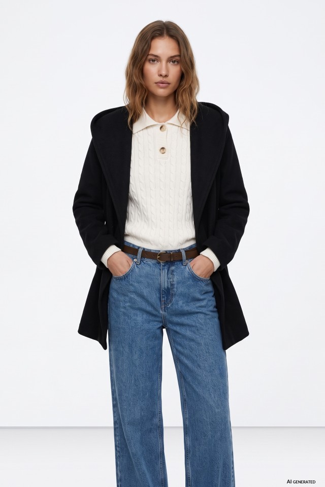 Black Hooded Belted Coat