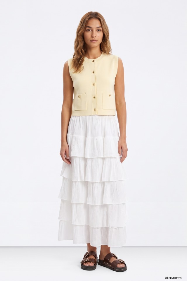 Cream Ruffled Maxi Skirt