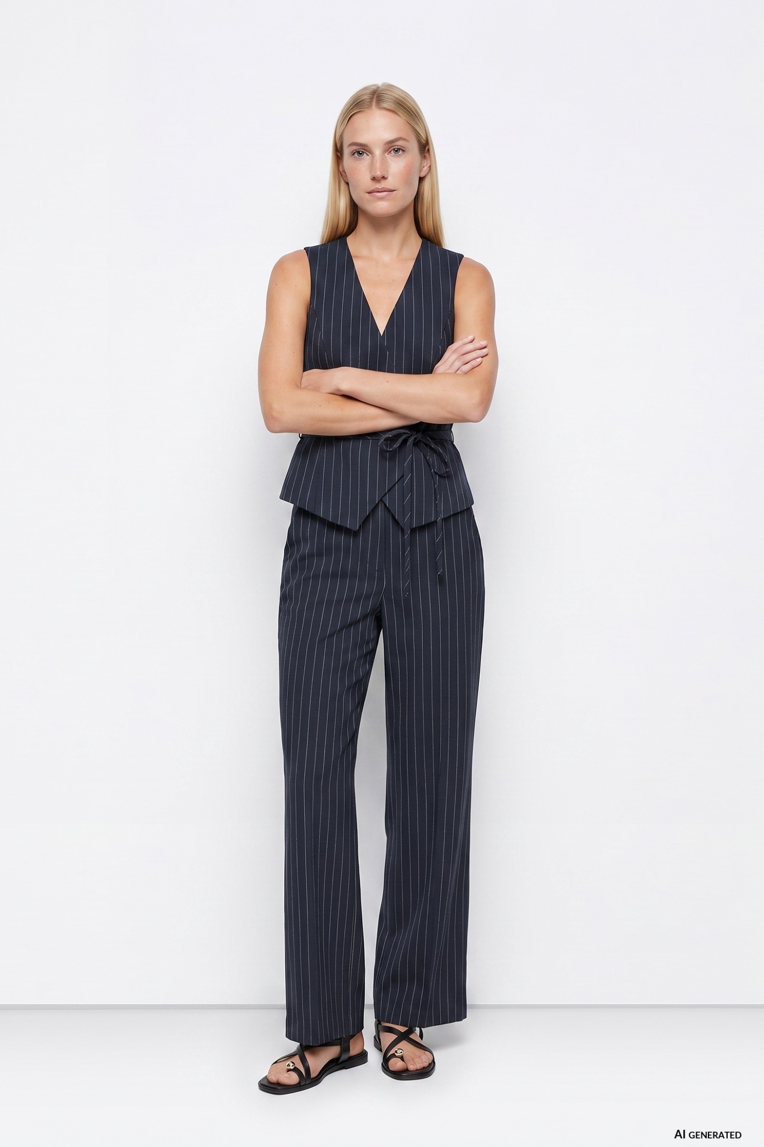Navy Pinstripe Wide Trousers