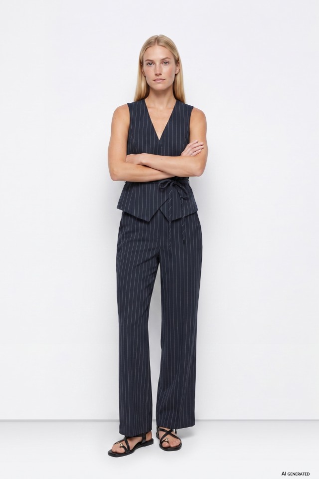 Navy Pinstripe Wide Trousers