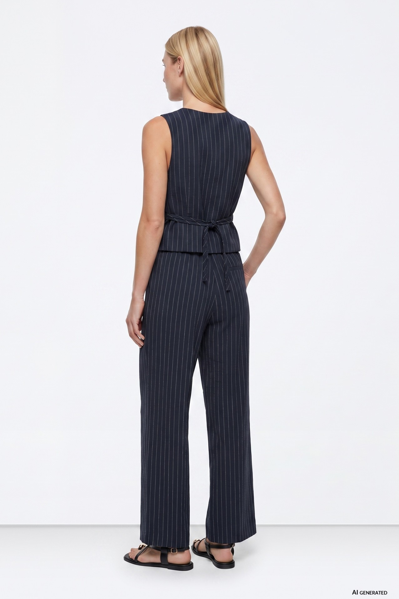 Navy Pinstripe Wide Trousers