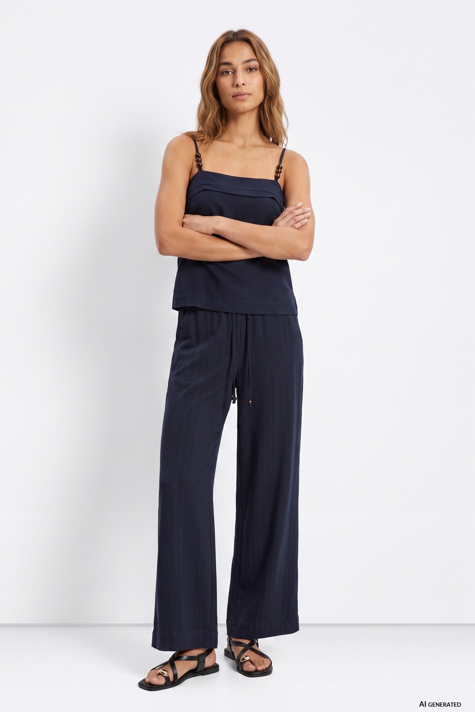 Wide Leg Navy Trousers