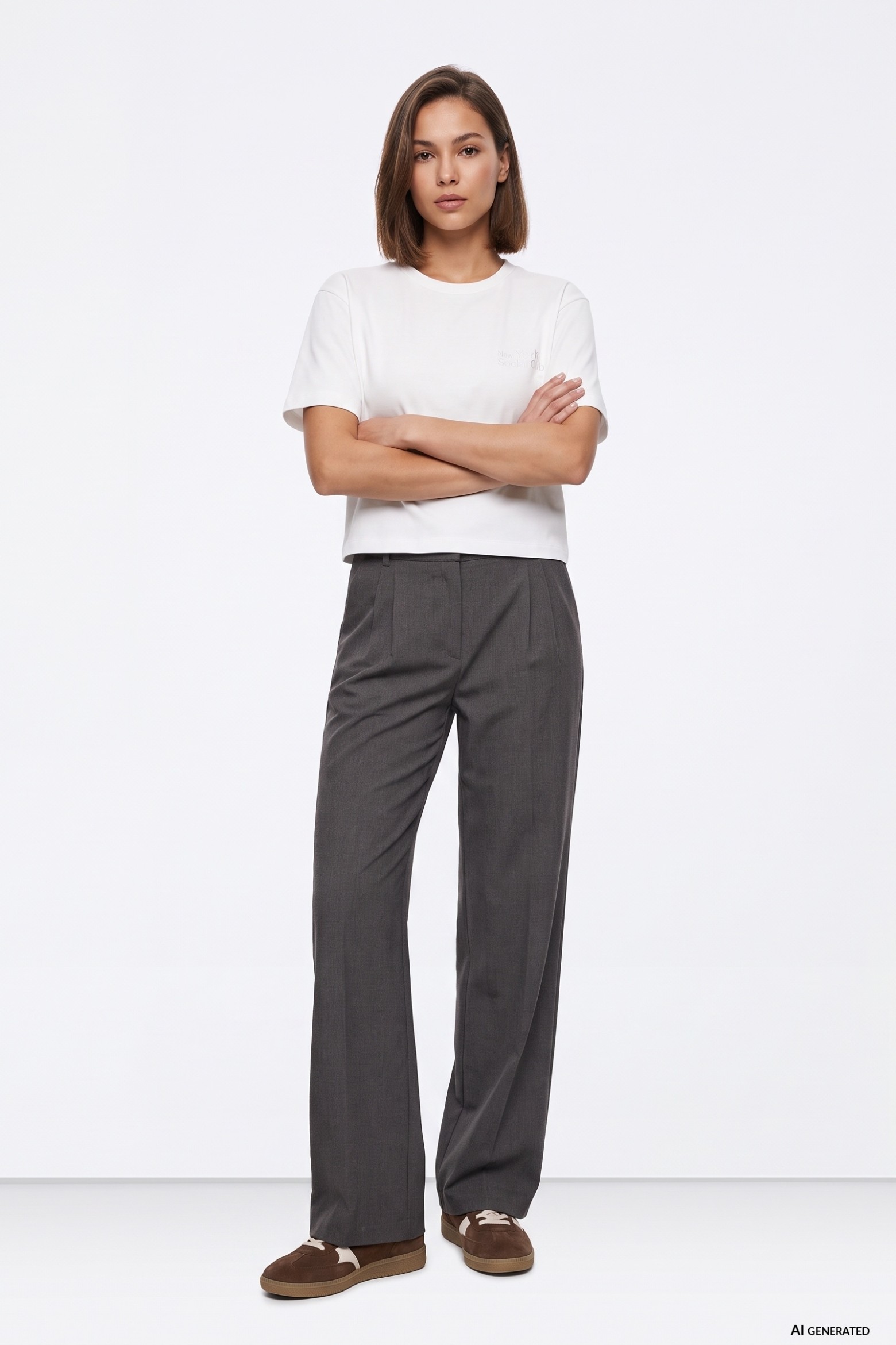 Wide-Leg Grey Melange Trousers