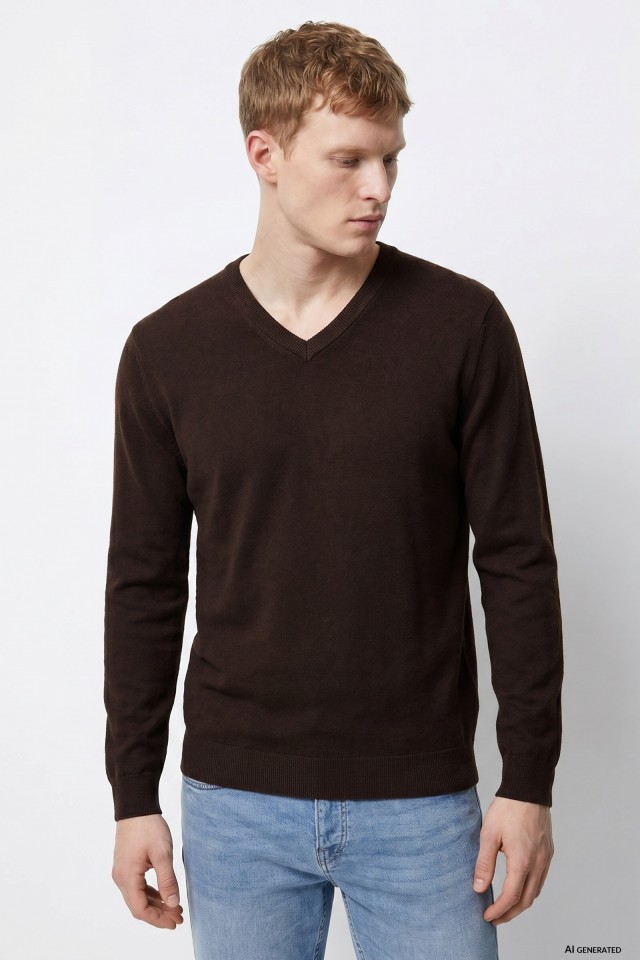 Brown V-neck Slim Sweater