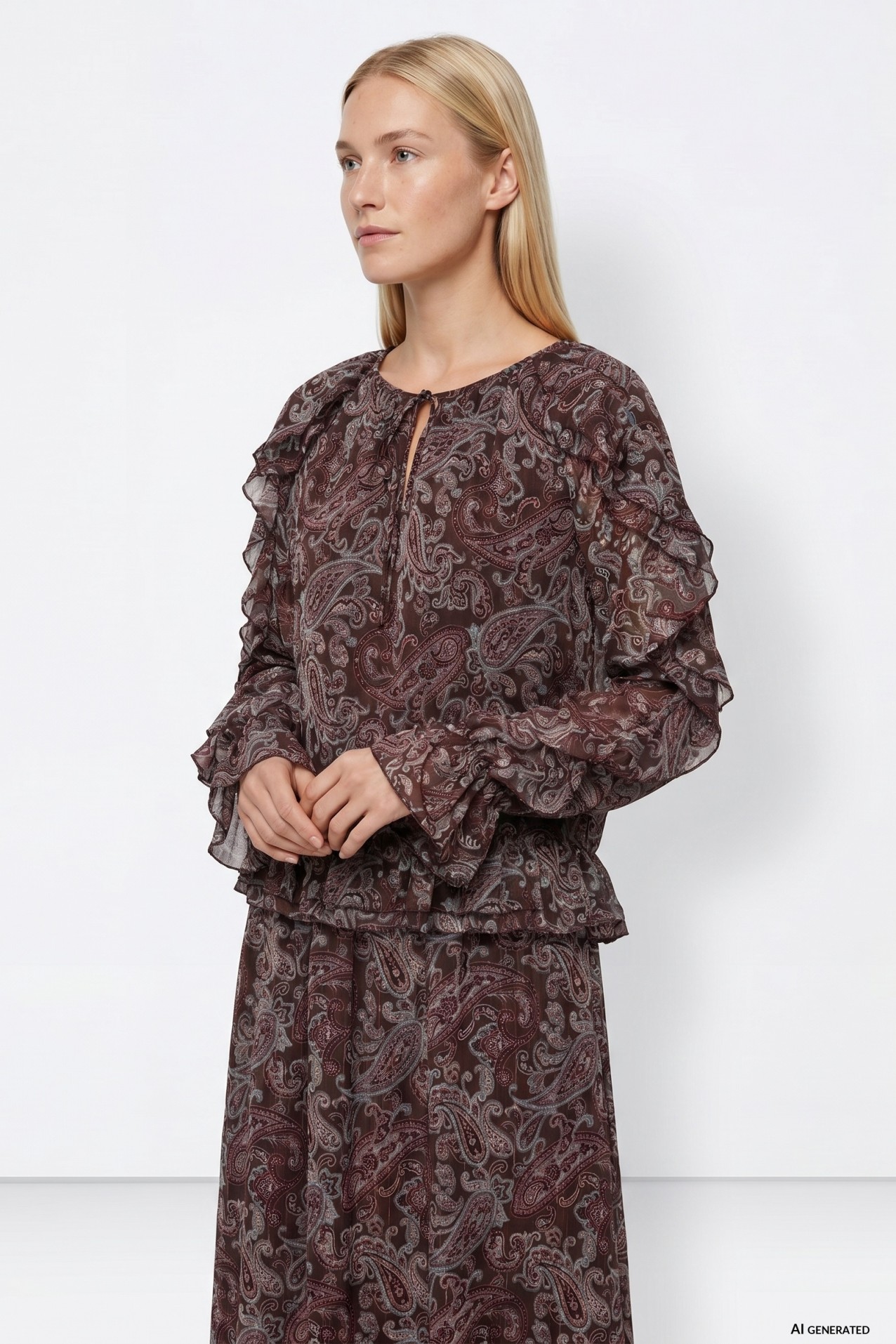Brown Paisley Ruffle Blouse