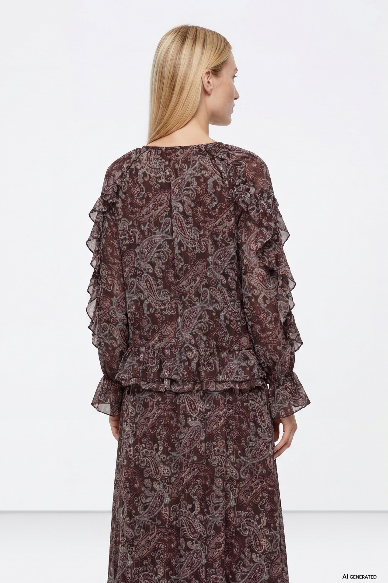 Brown Paisley Ruffle Blouse
