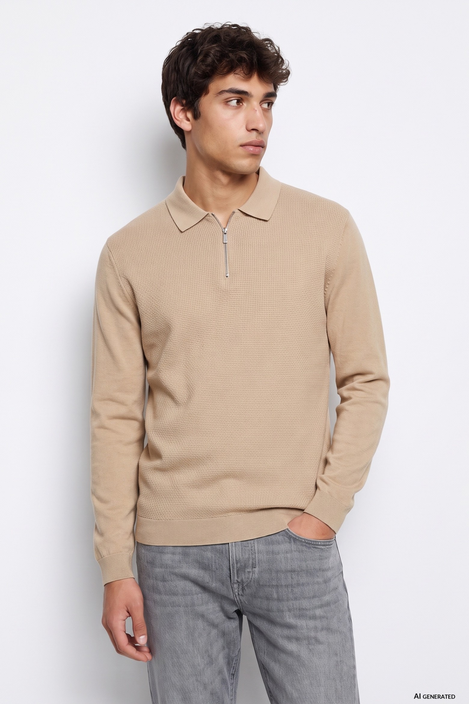 Beige Zip Collar Jumper