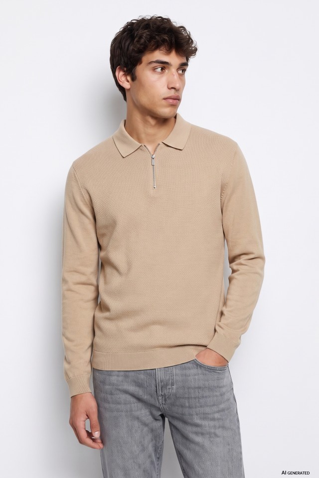 Beige Zip Collar Jumper