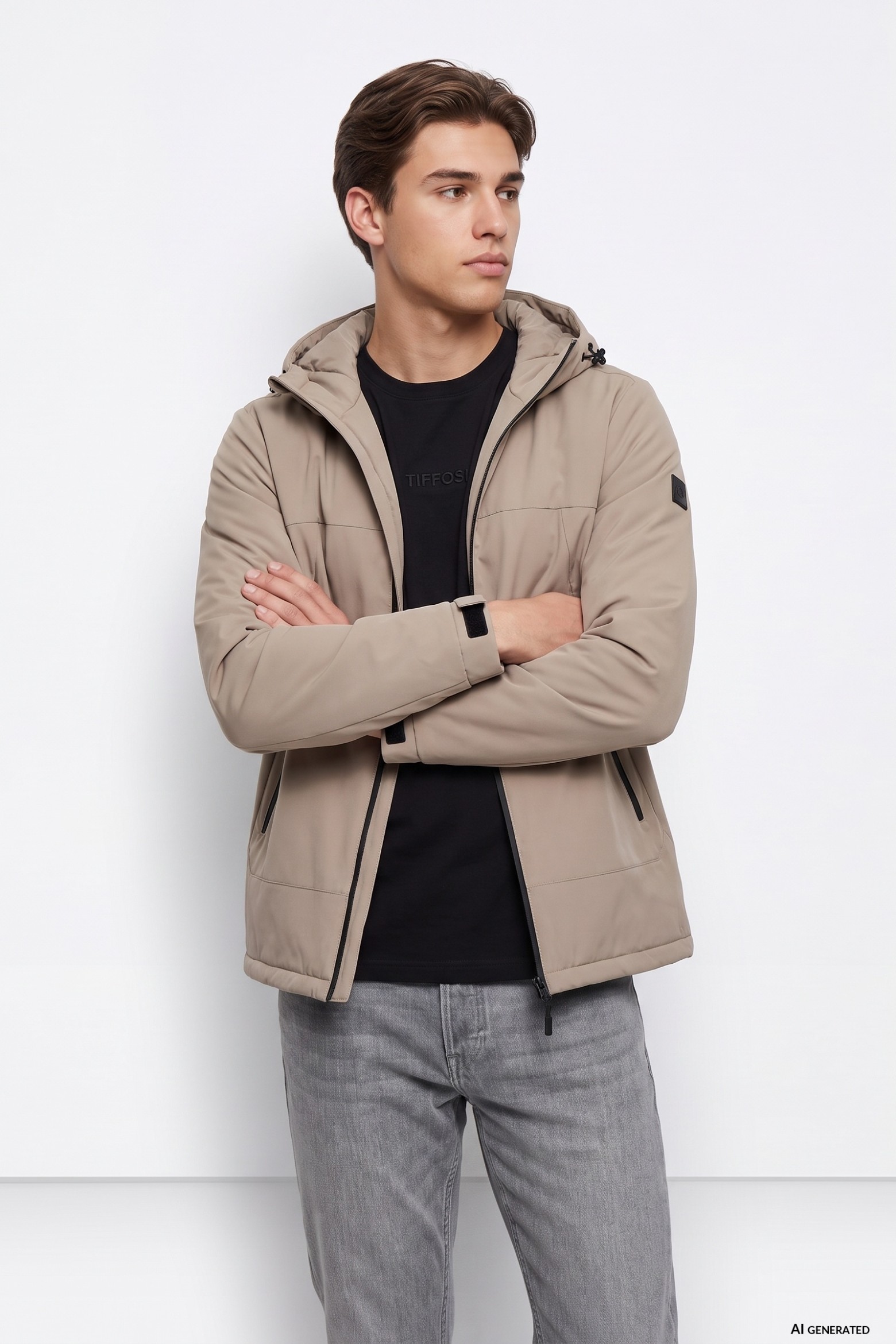 Beige Hooded Zip Jacket