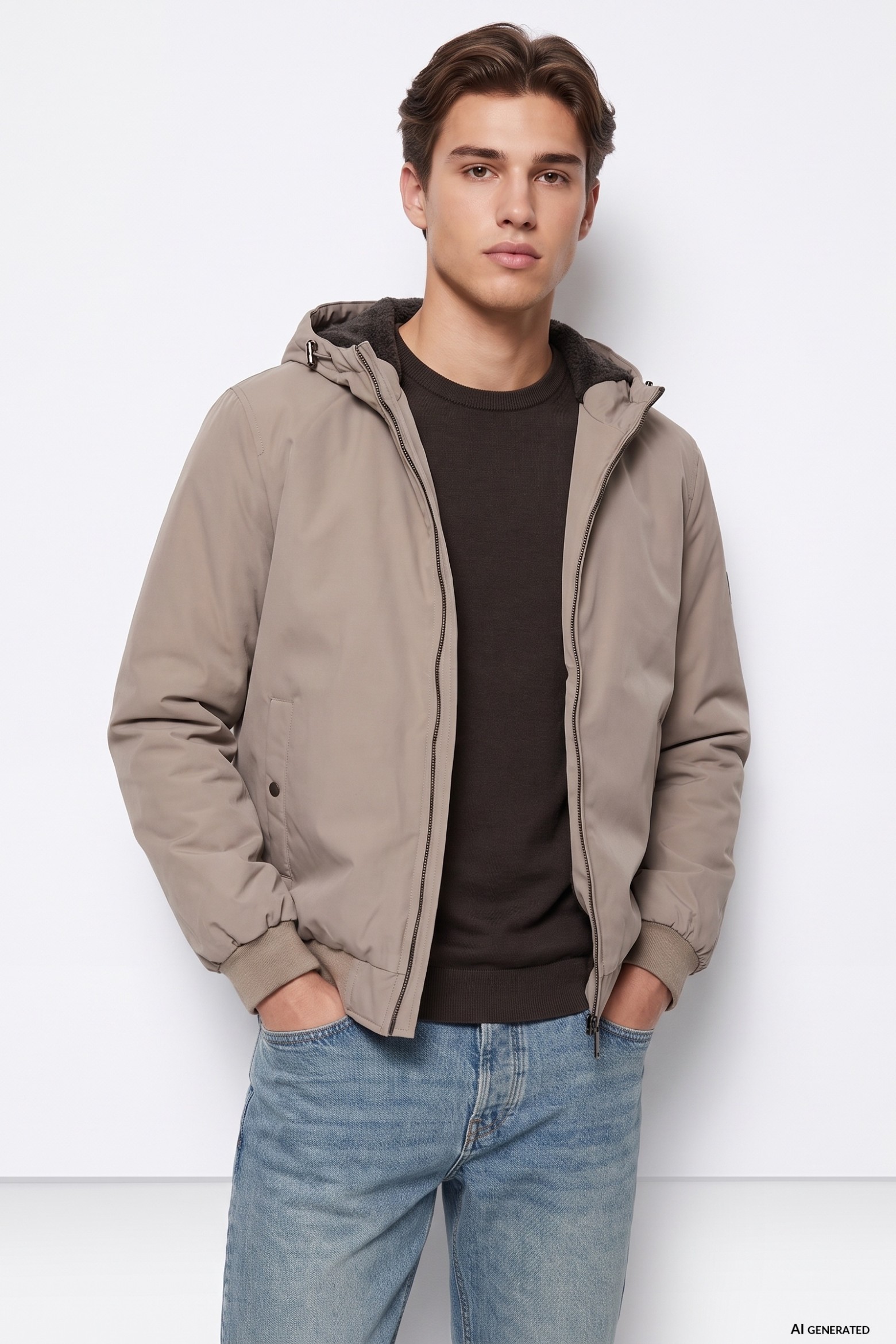 Beige Hooded Casual Jacket