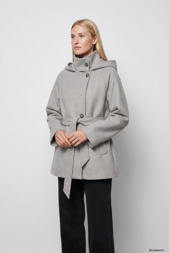 Grey Hooded Belted Coat