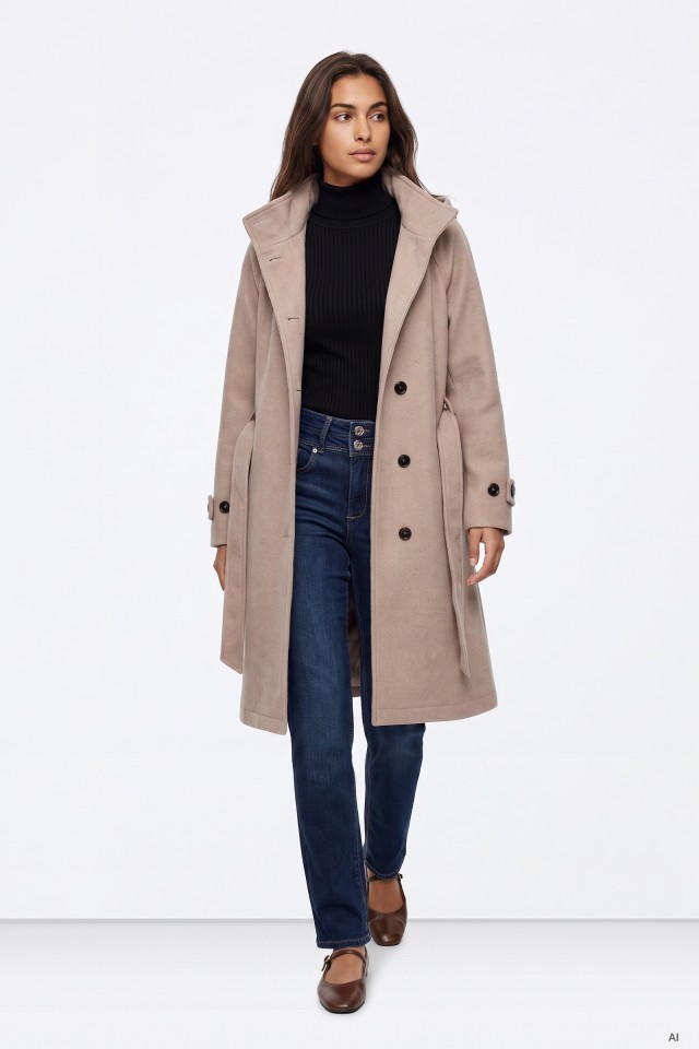 Long Beige Hooded Coat