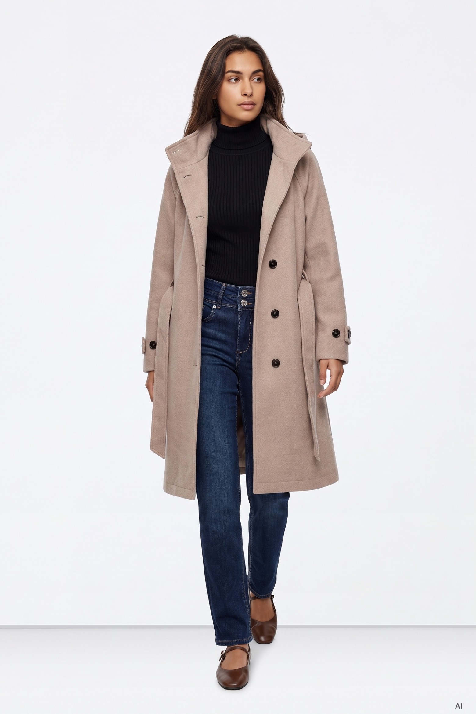 Long Beige Hooded Coat