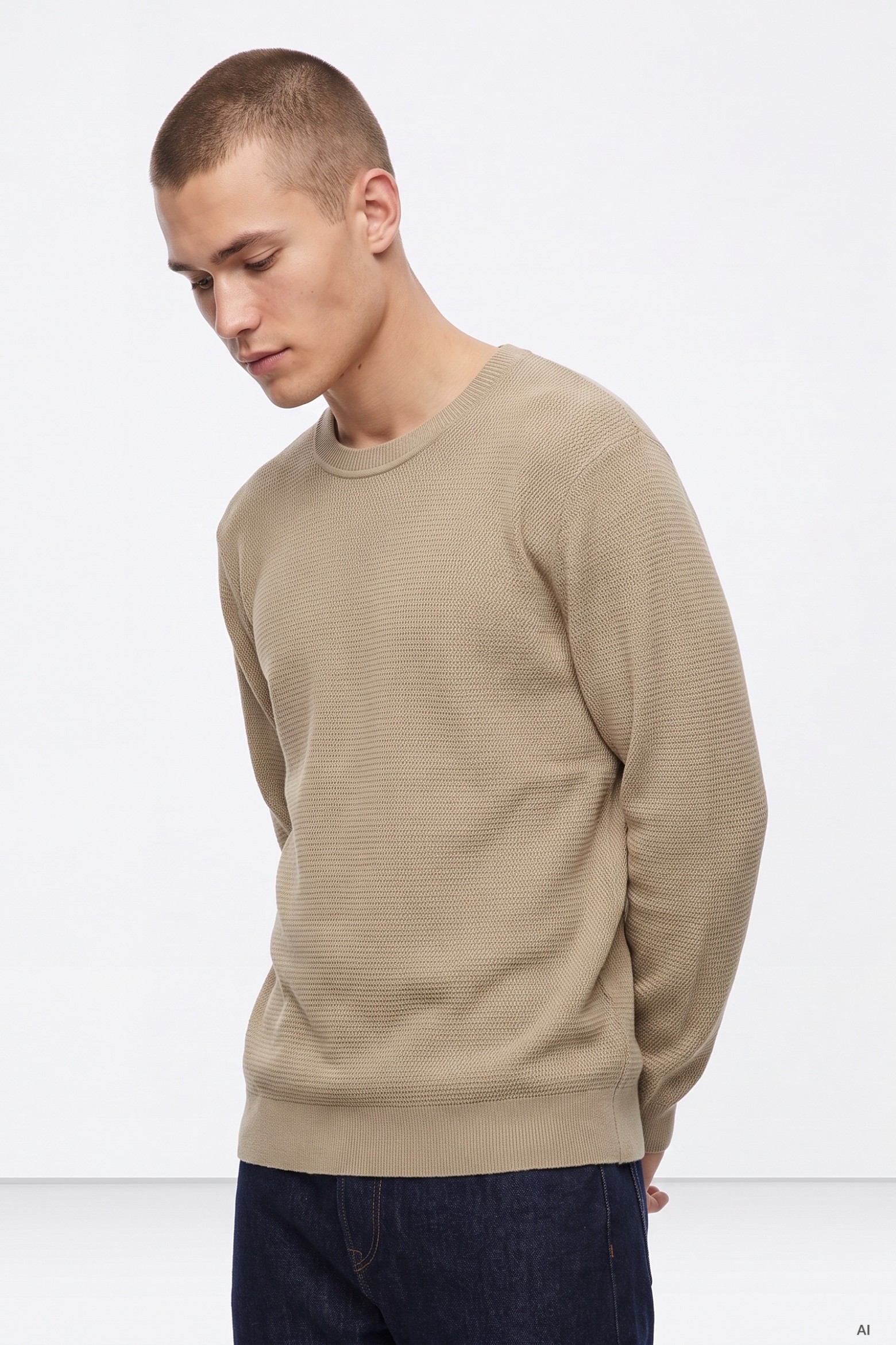 Beige Textured Crew-Neck Sweater