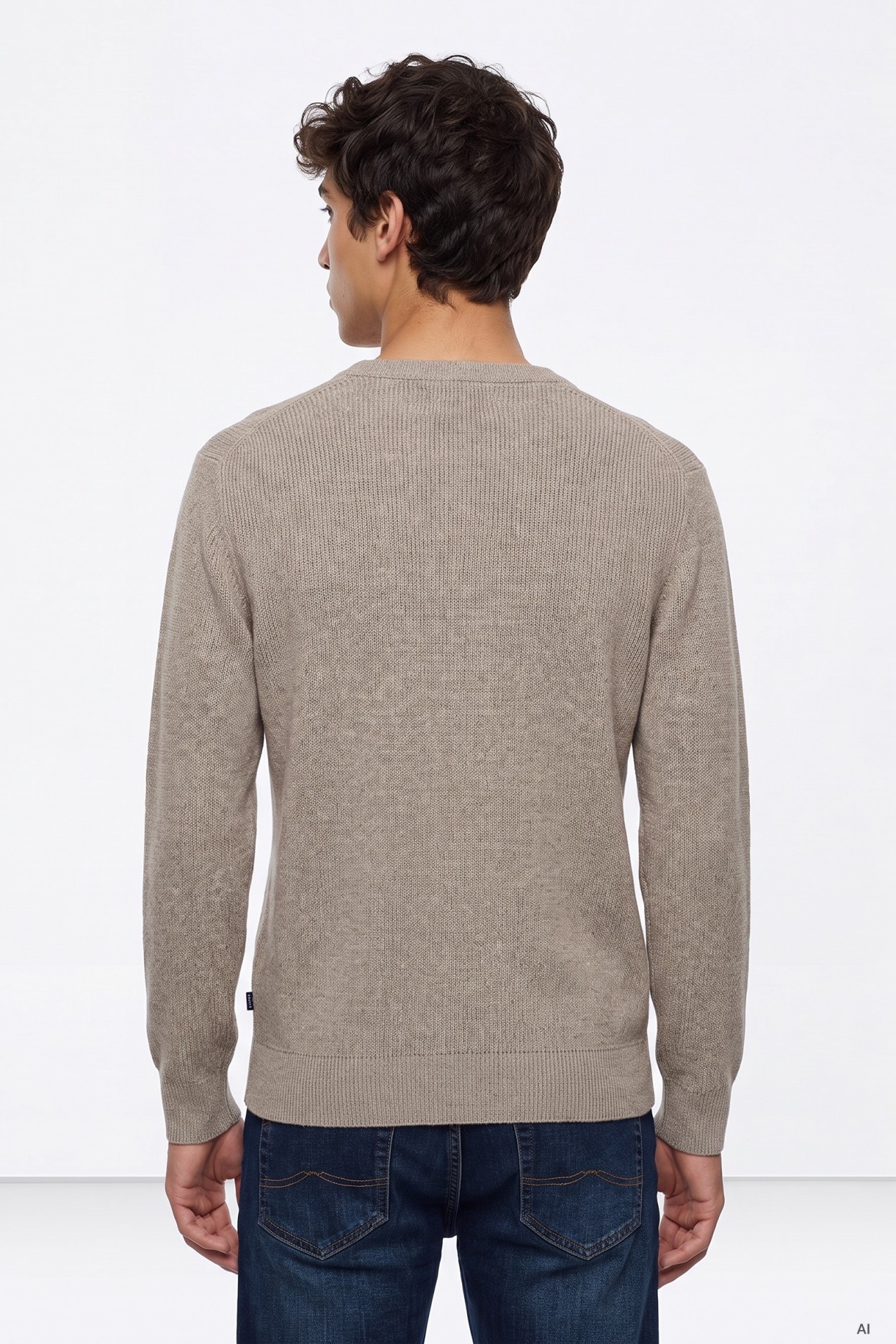 Beige Ribbed Crew-Neck Sweater