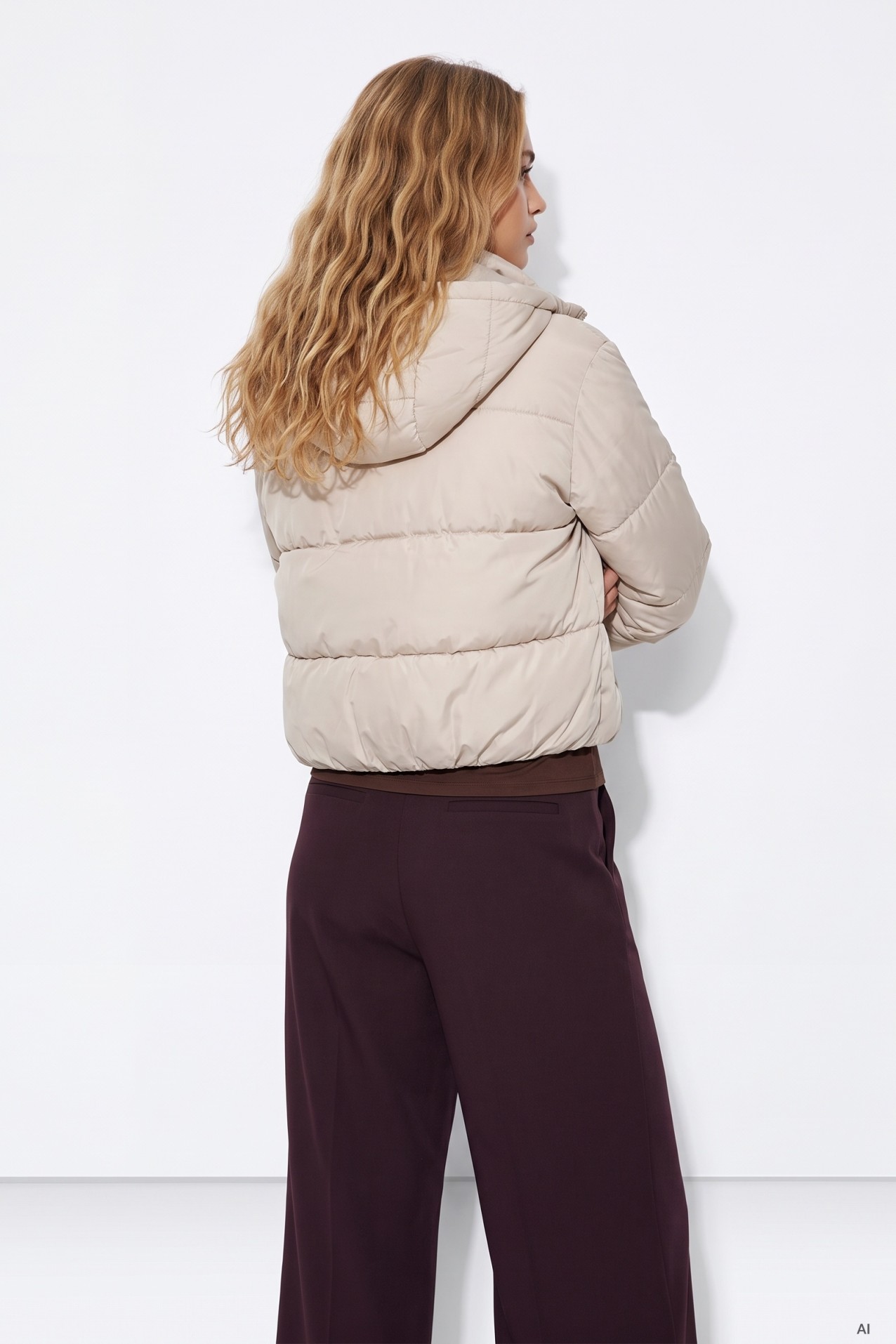 Beige Cropped Puffer Jacket