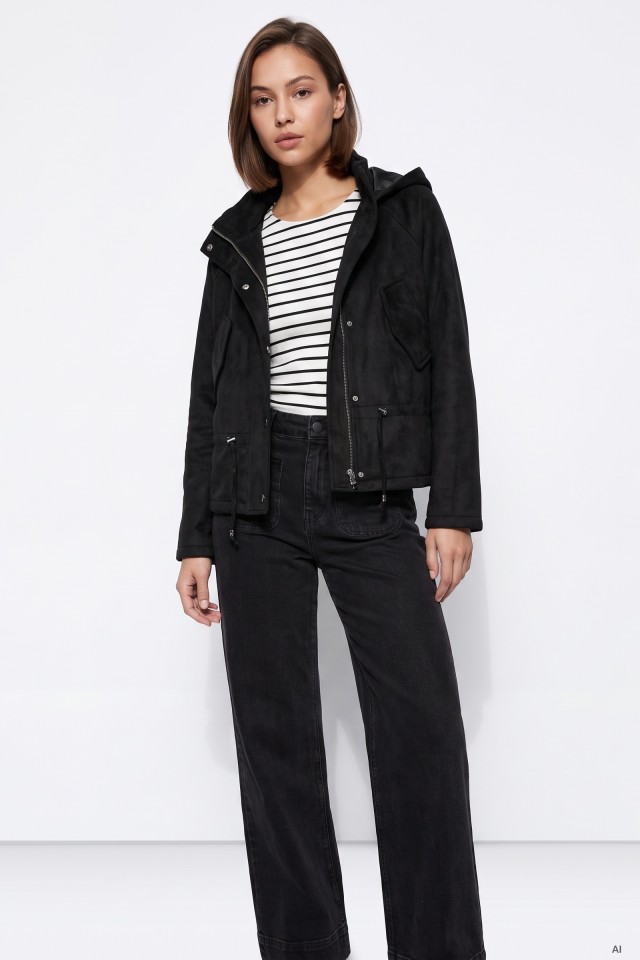 Black Straight-Cut Hooded Jacket