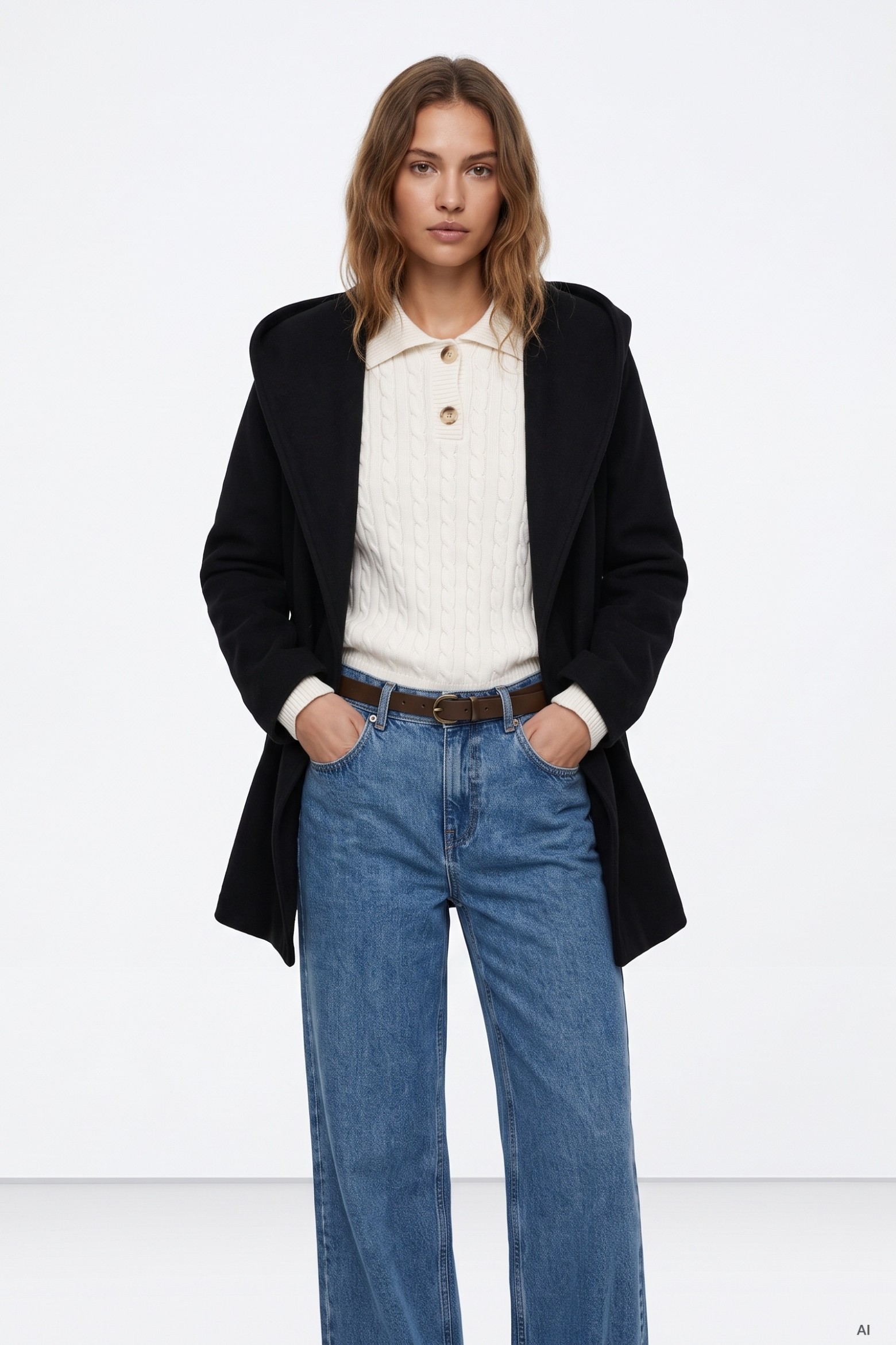 Black Hooded Belted Coat