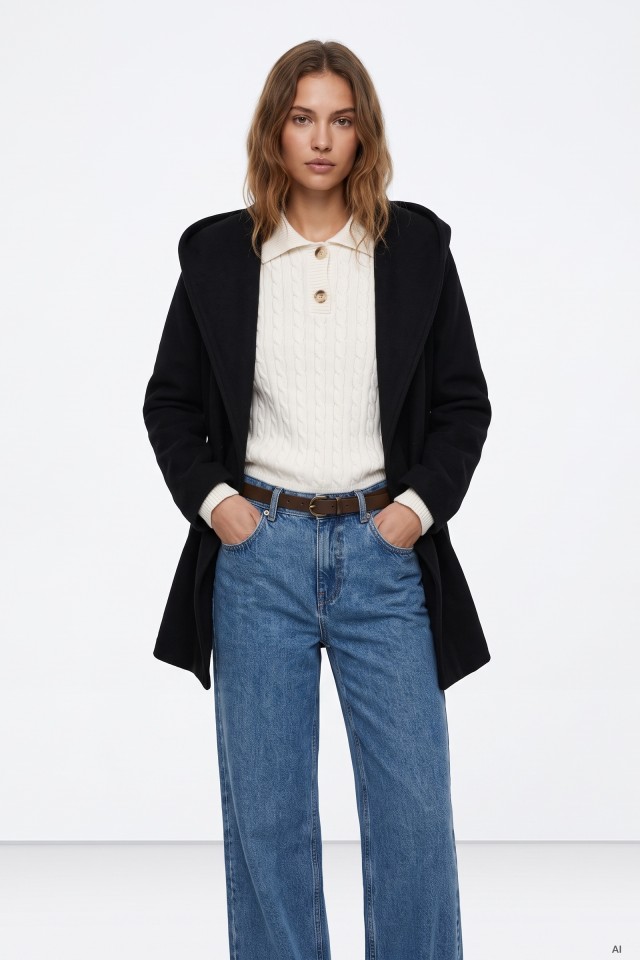 Black Hooded Belted Coat