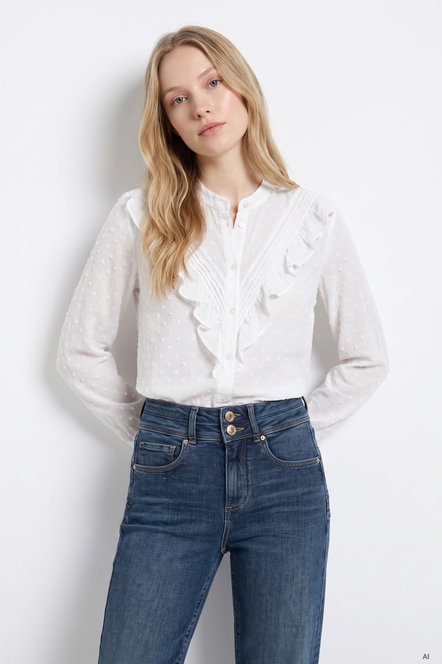 Ruffled Off-White Long Shirt
