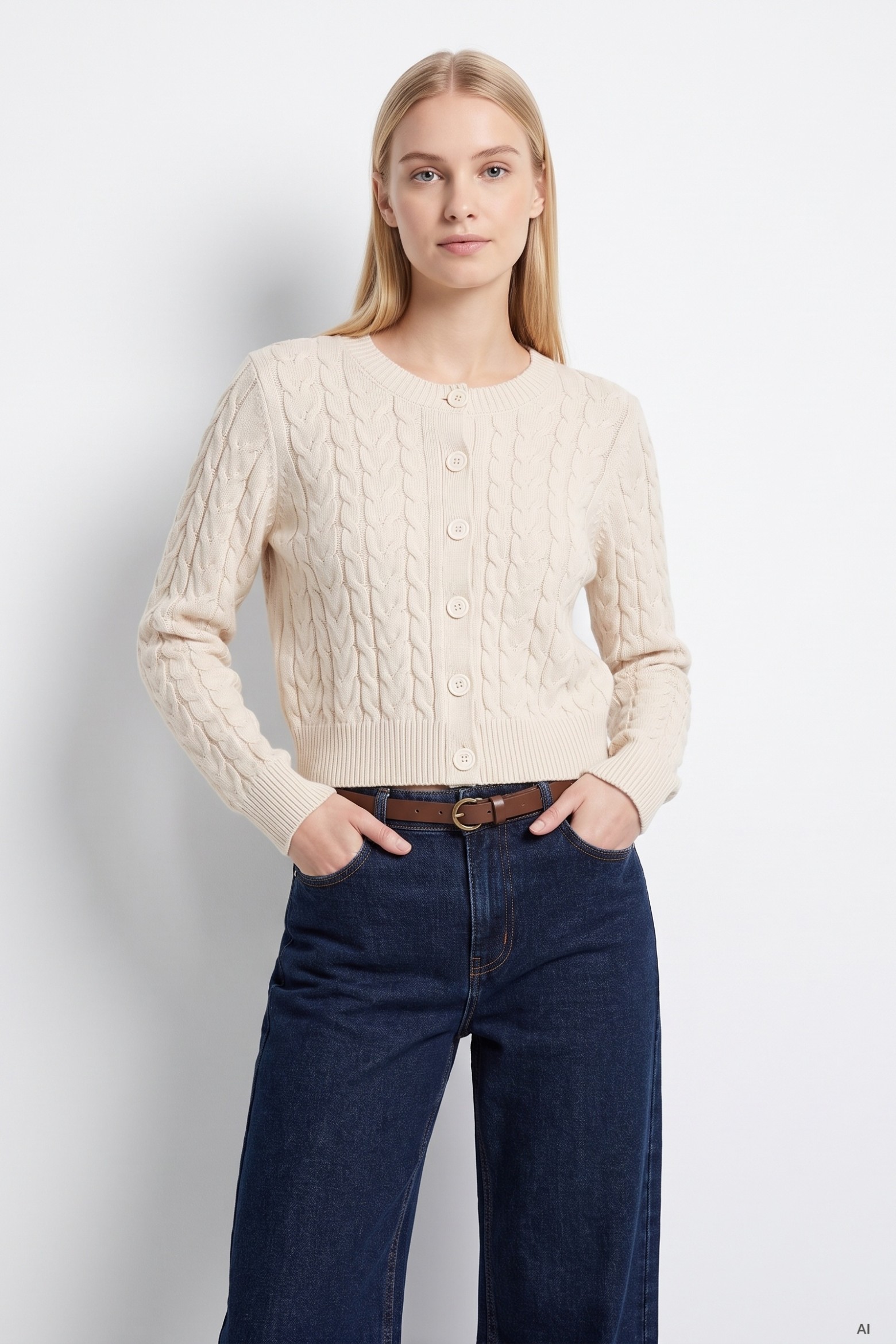 Cardigan bege cropped bot�es