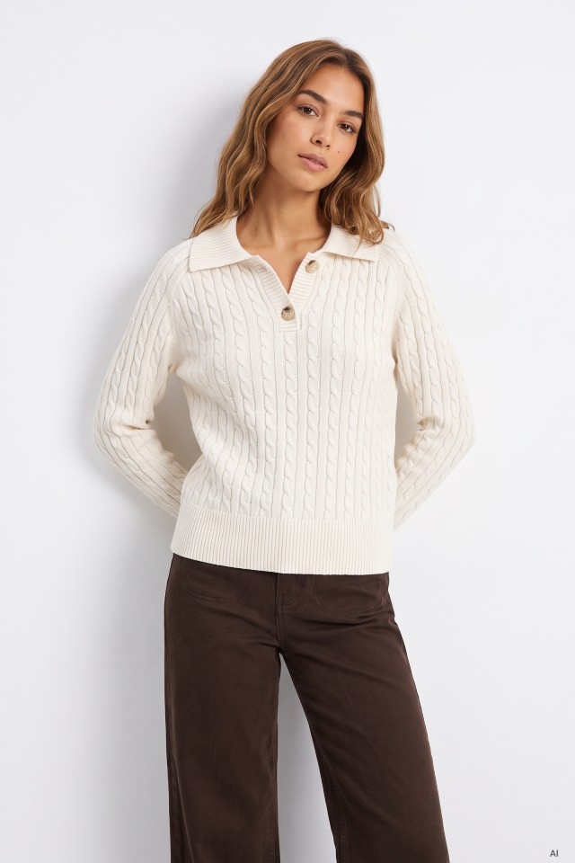 Beige Knit Polo Sweater