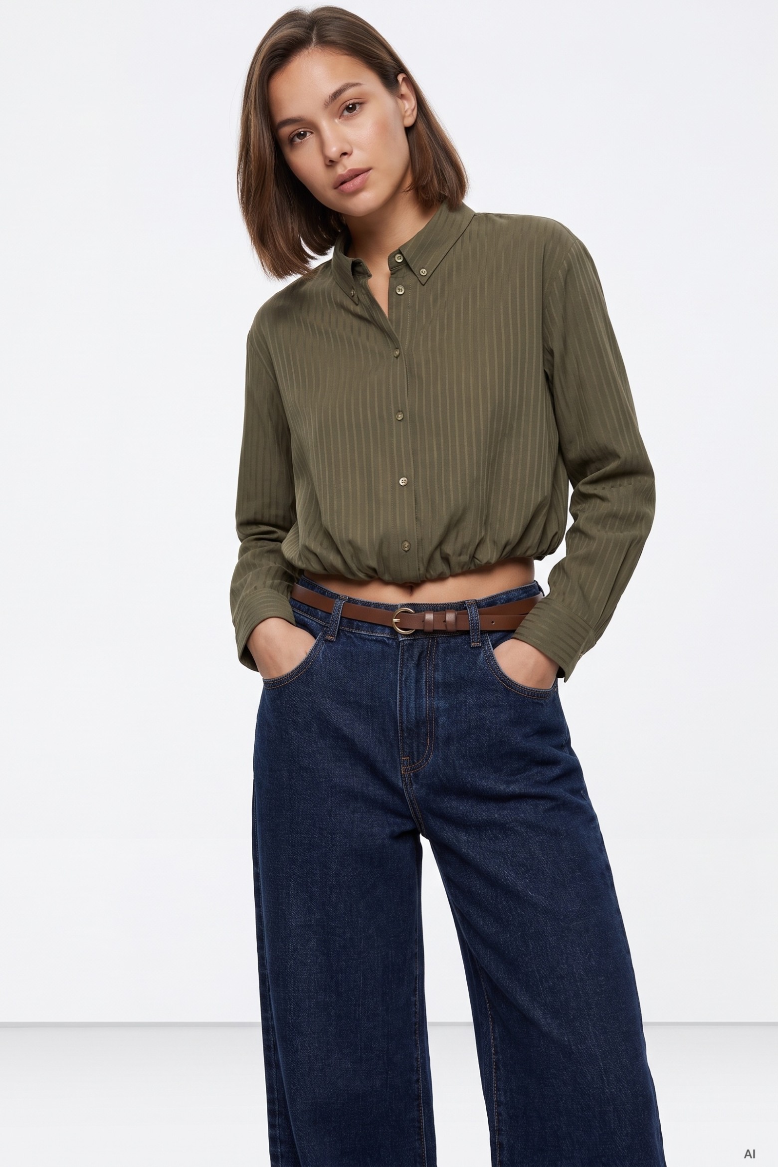 Green Cropped Long Sleeve Shirt