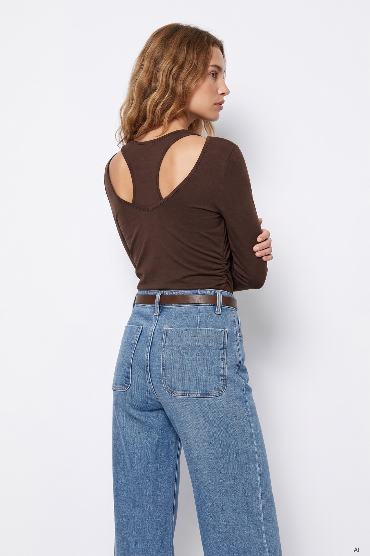 Brown Cut-Out Long Sleeve Tee