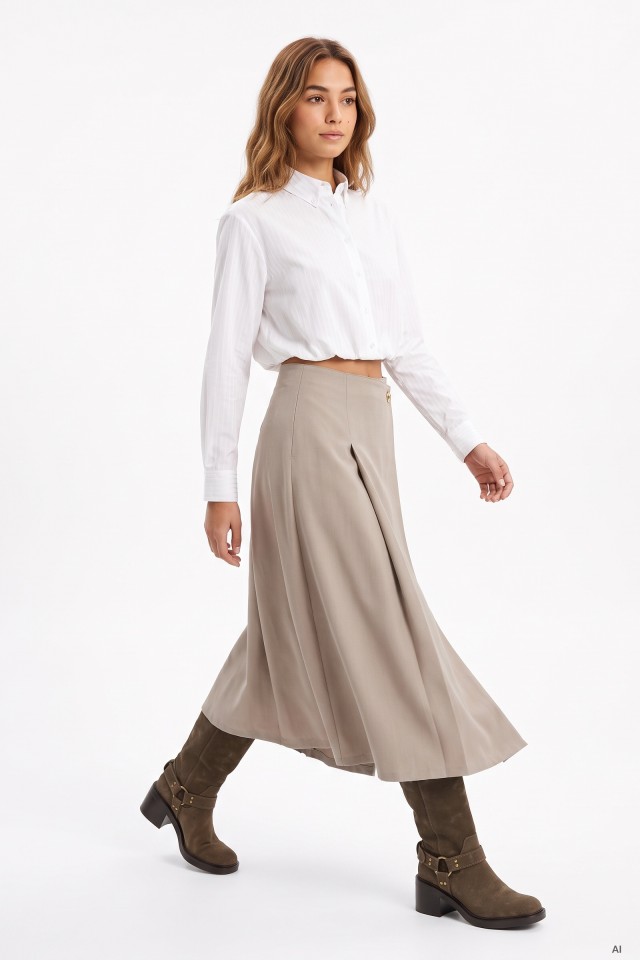 Beige Midi Pleated Skirt