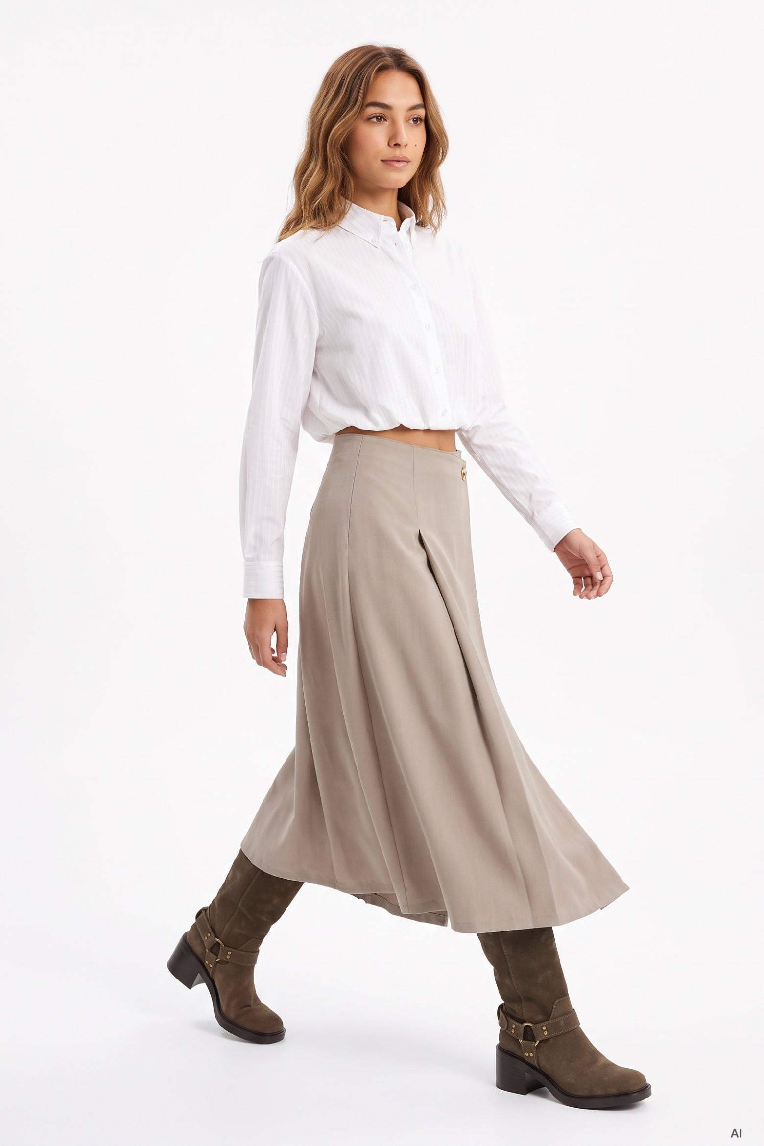 Beige Midi Pleated Skirt