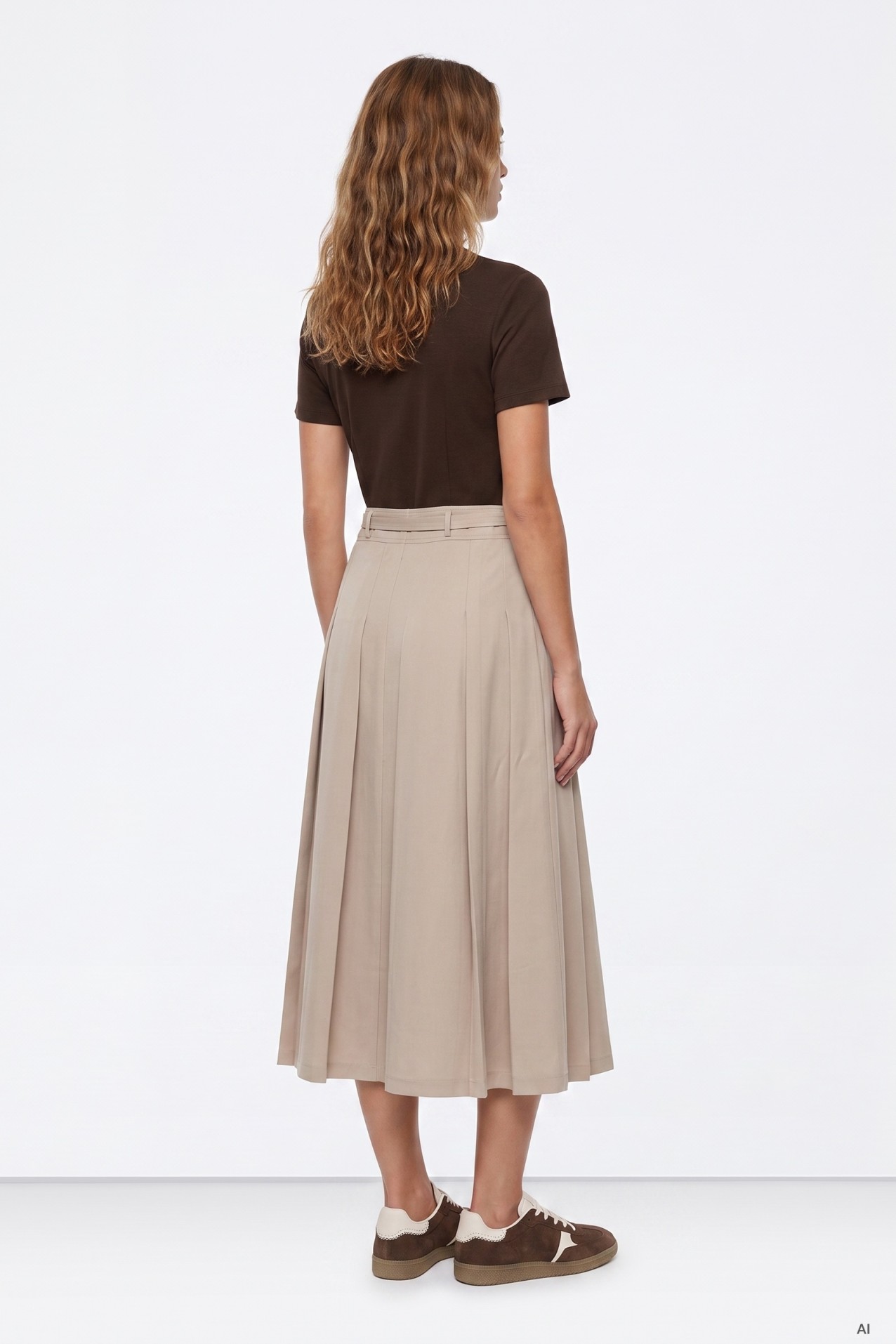 Beige Midi Pleated Dress
