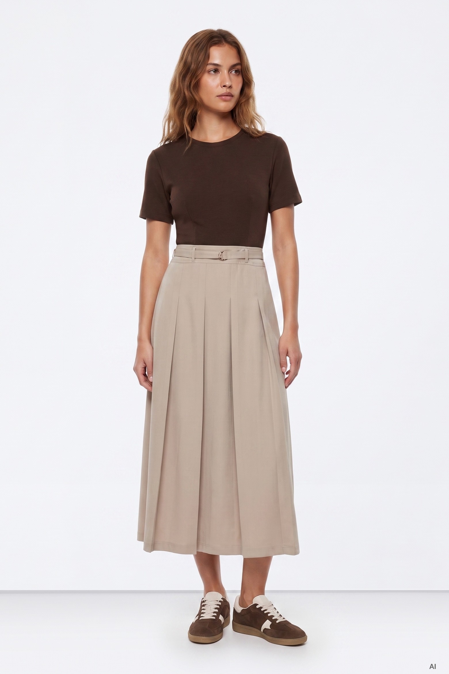 Beige Midi Pleated Dress