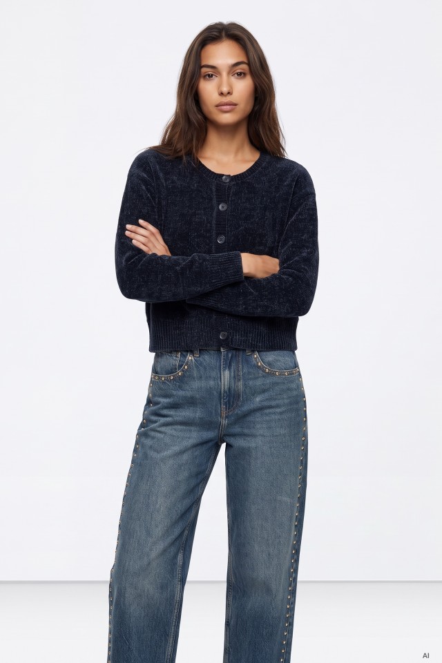 Navy Cropped Button Cardigan