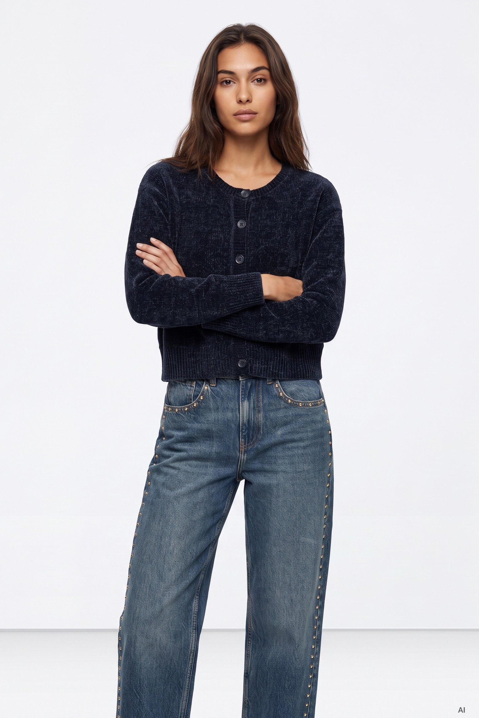 Navy Cropped Button Cardigan
