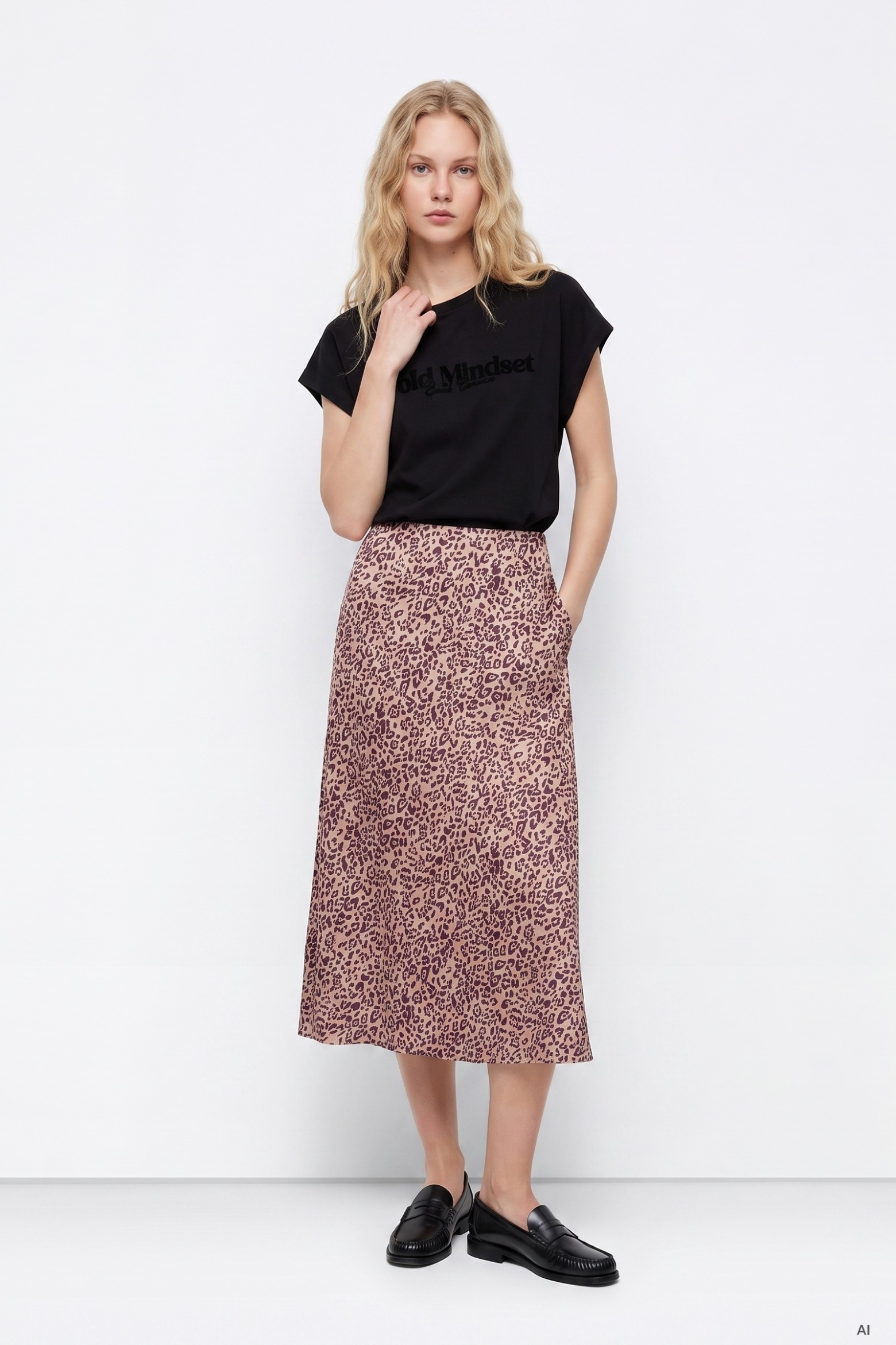 Beige Animal Print Midi Skirt