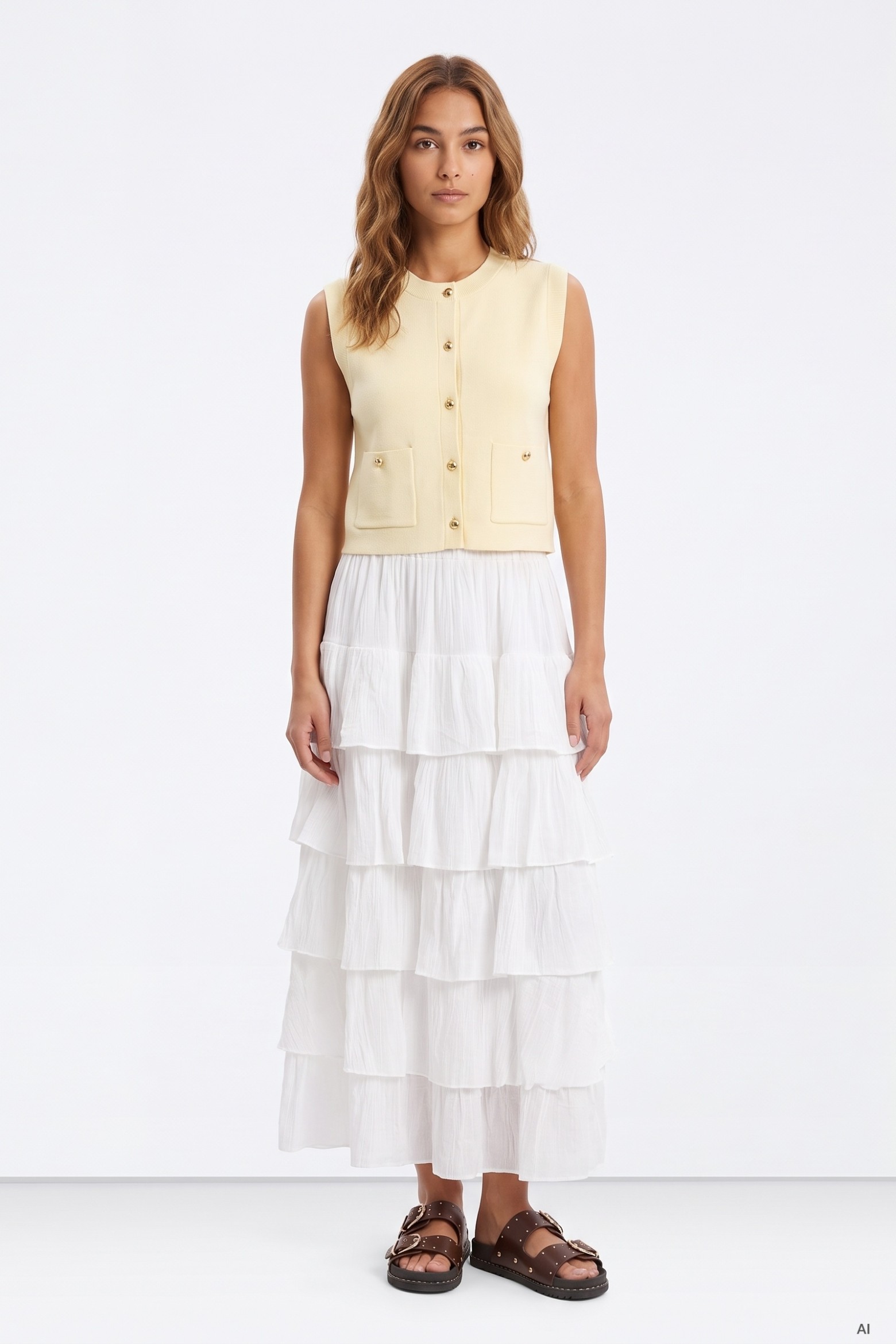 Cream Ruffled Maxi Skirt
