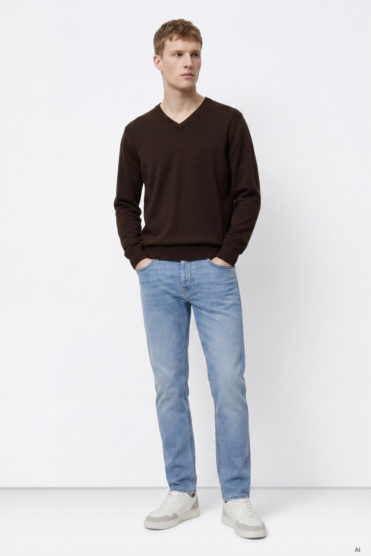 Brown V-neck Slim Sweater