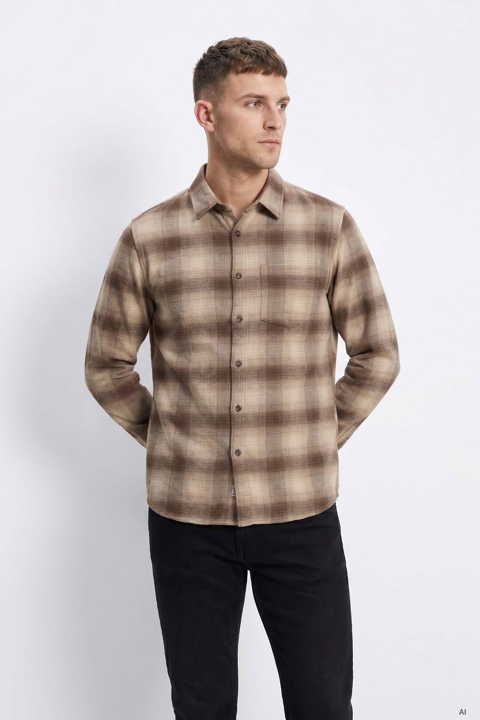 Beige Checked Long Sleeve Shirt