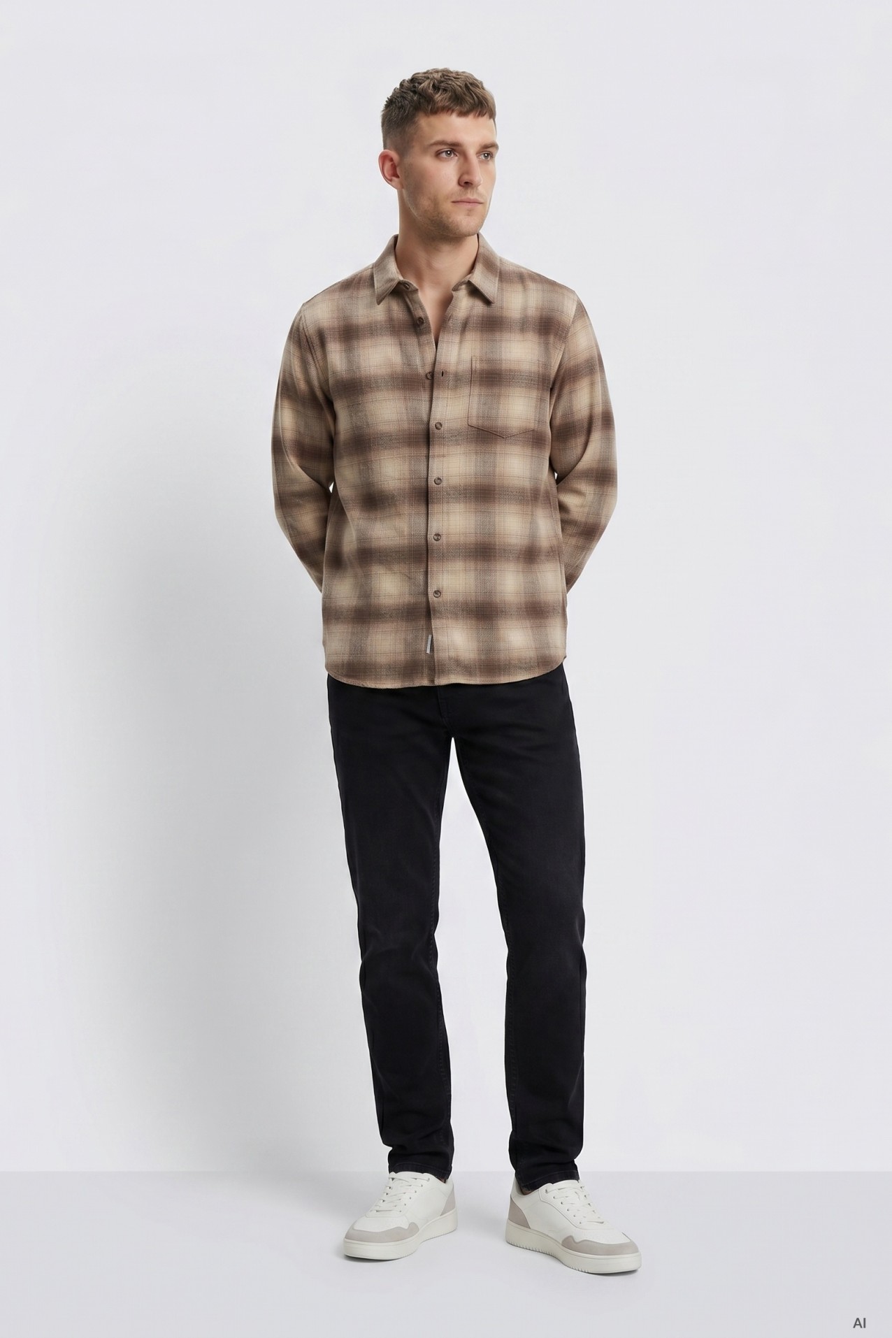 Beige Checked Long Sleeve Shirt