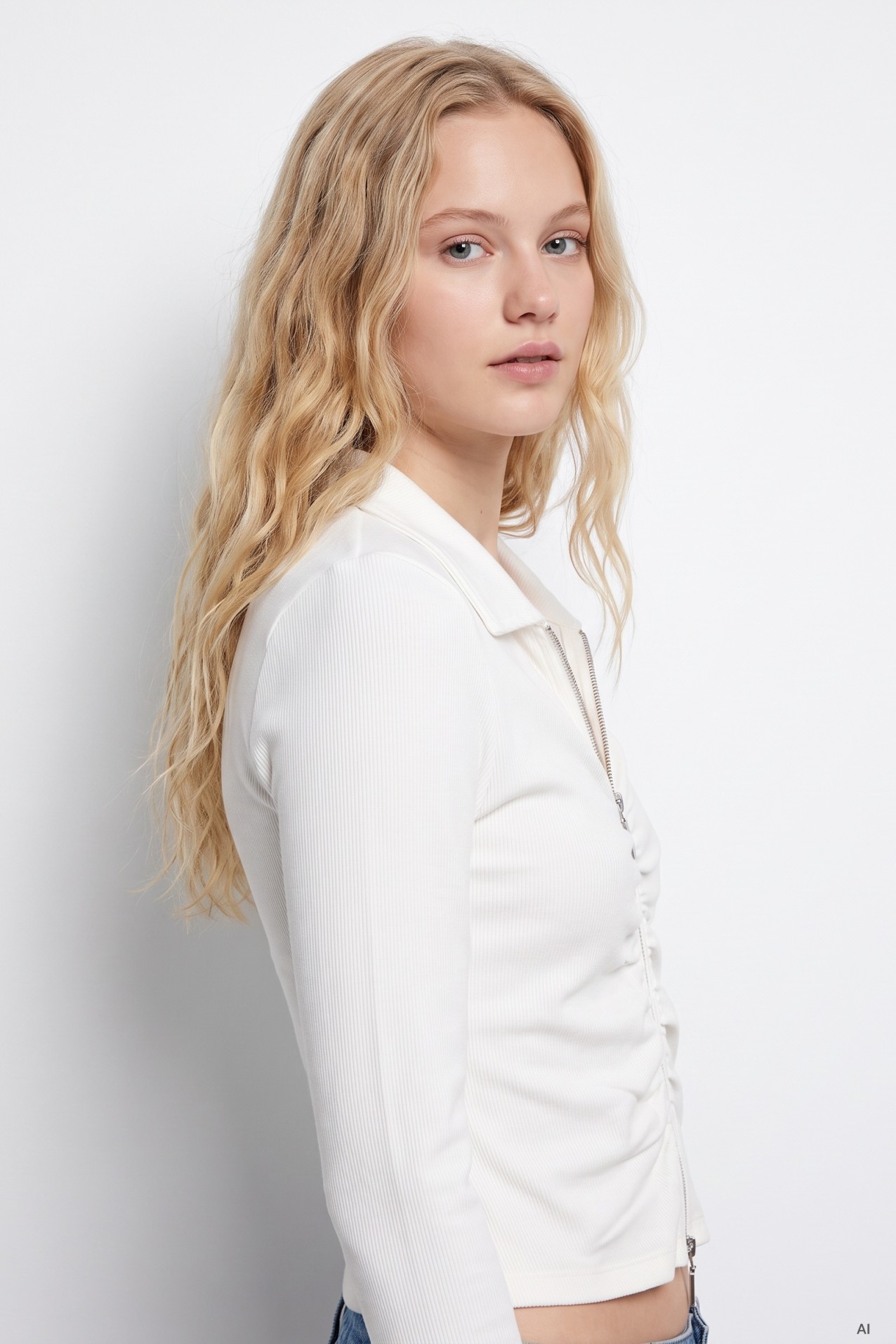 Cream Cropped Zip Polo