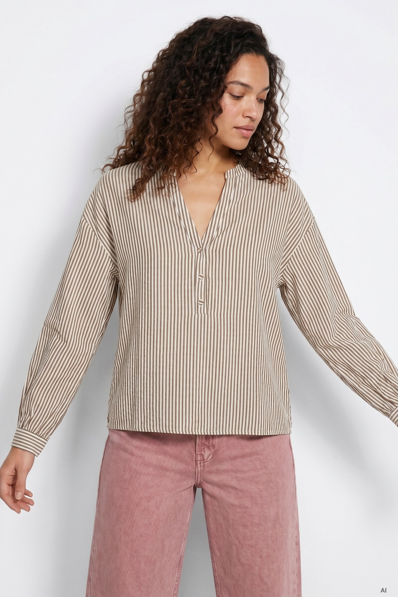Beige Striped Long Sleeve Shirt