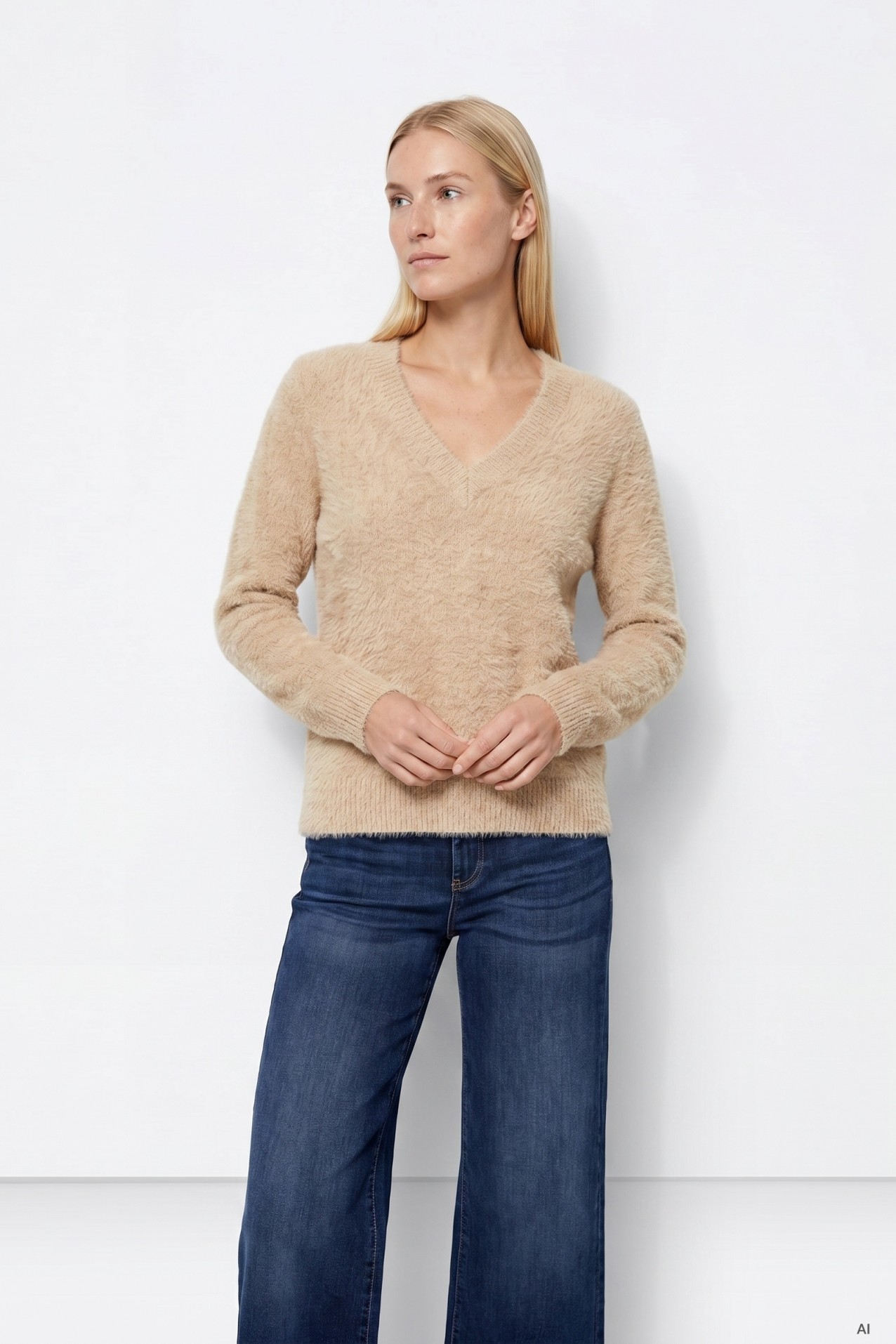 Camisola bege decote em V