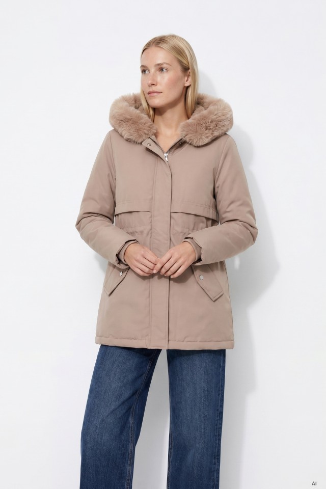 Beige Jacket with Faux Fur Hood