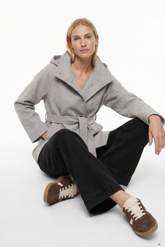 Grey Hooded Belted Coat
