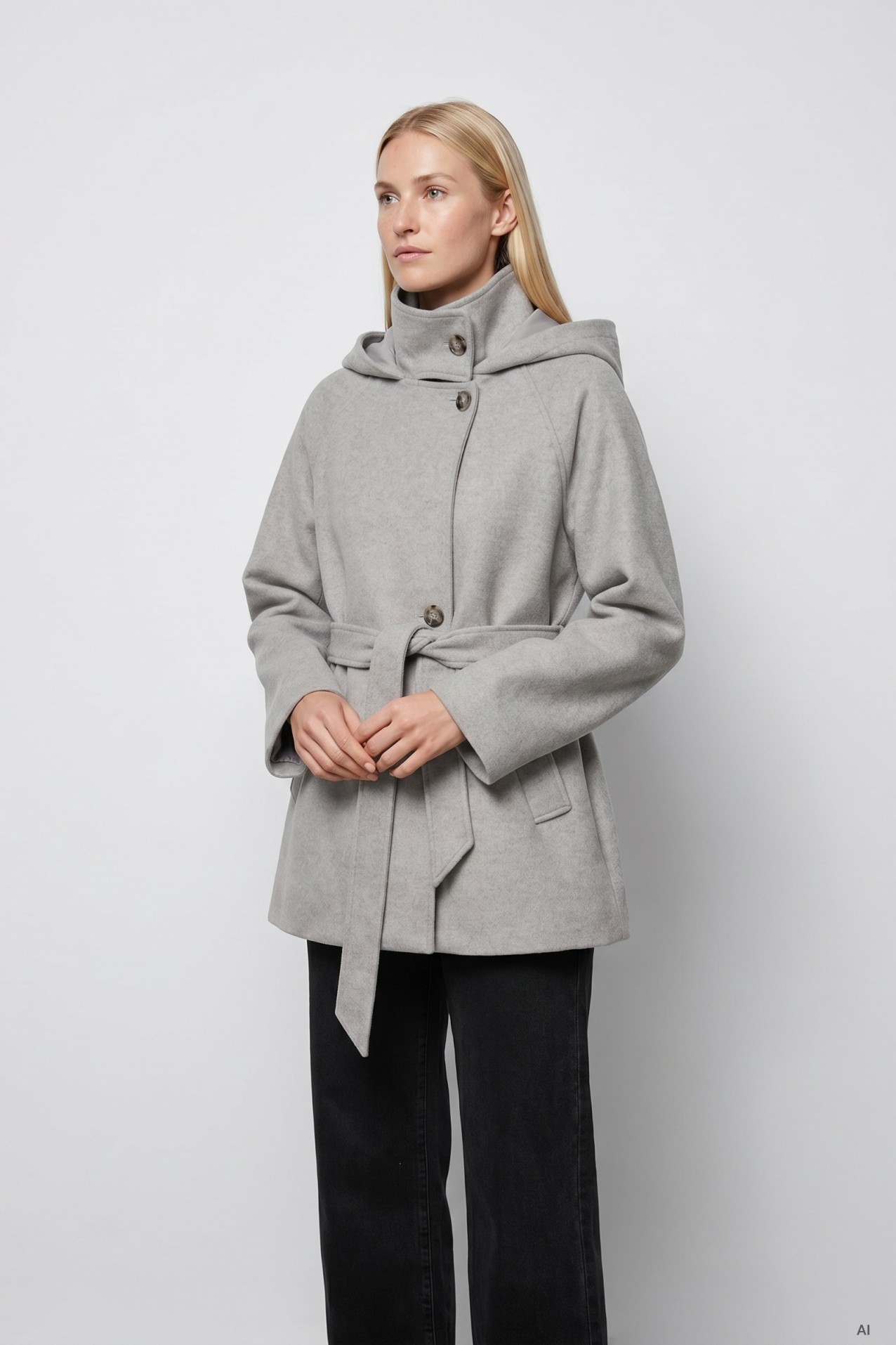 Grey Hooded Belted Coat