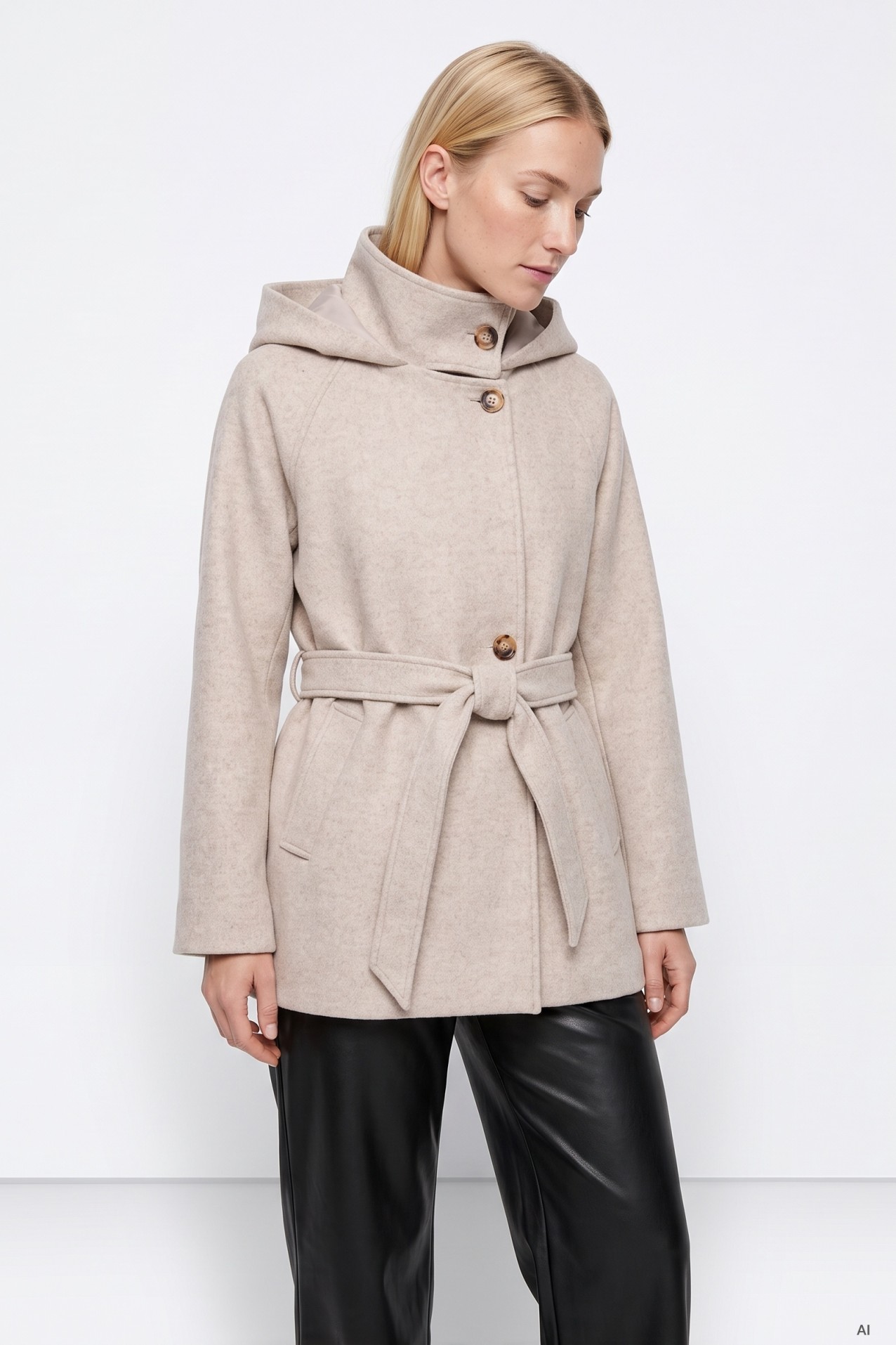 Beige Hooded Belted Coat