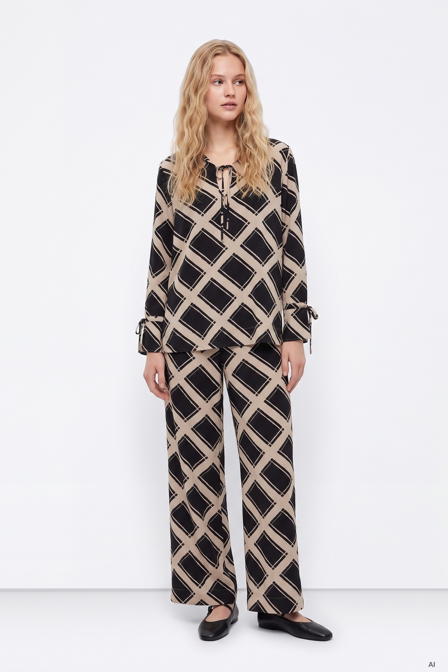 Black Geometric Wide-Leg Trousers